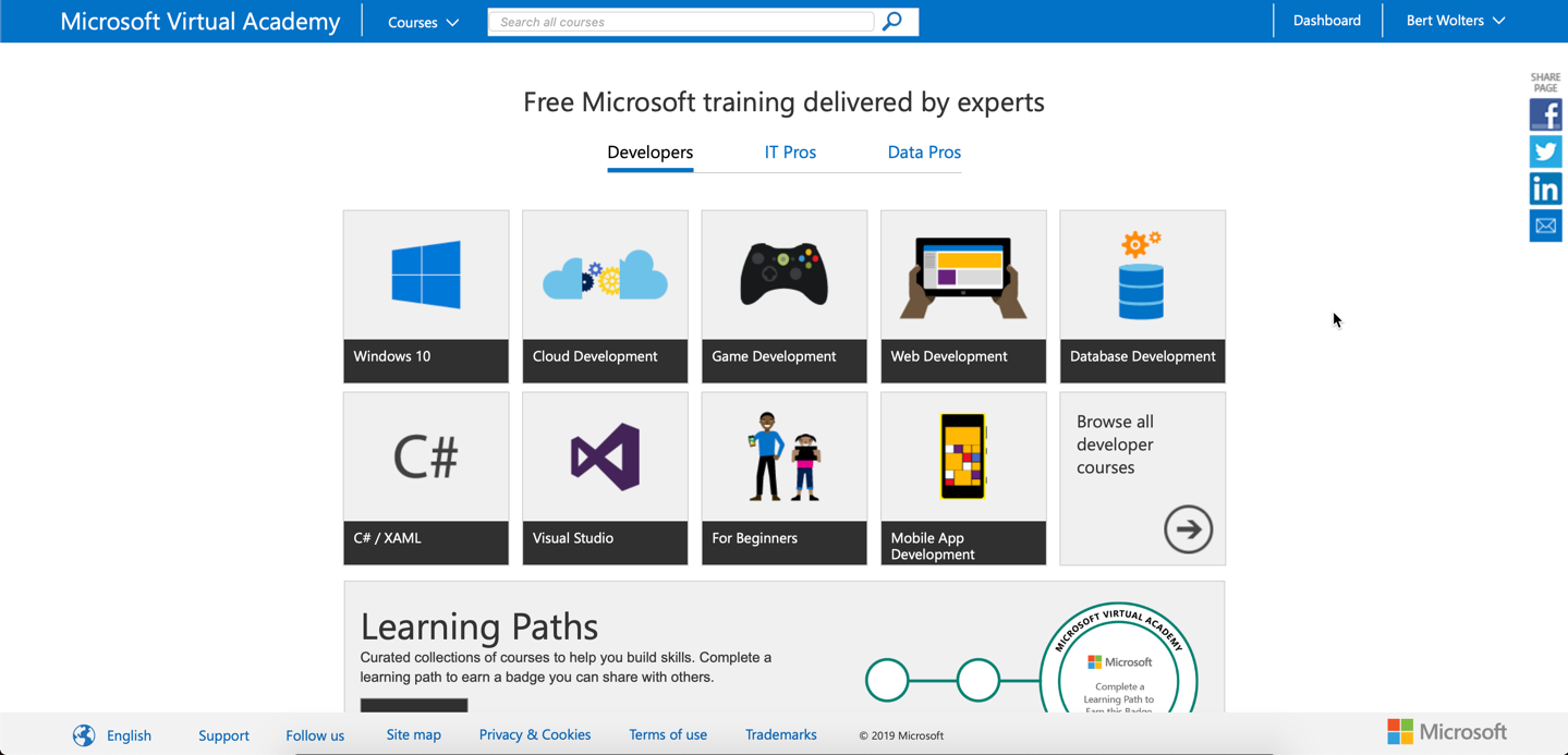 Microsoft Virtual Academy Homepage (2018)